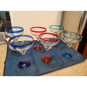 6 MEXICAN HAND BLOWN MARGARITA GLASSES  Red Teal Cobalt Blue Rim & Base